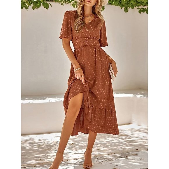 IFFEI Summer Maxi Dress V Neck Chiffon Ruffle Sleeve Swiss Dots A-Line Dress - Picture 5 of 7